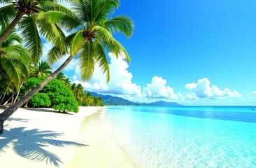 Tropical sandy beach with a lush palm tree and empty space for text. Perfect for advertising, travel promotions, vacation themes, product displays, and marketing materials. Bright, serene.