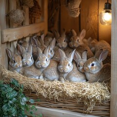 Obraz premium Adorable Baby Rabbits in a Hay-Filled Wooden Hutch