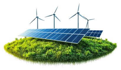 Renewable energy action wind and solar power on green landscape isolated on transparent background