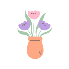 Fresh Flower Bouquet in Vase. Hand drawn Festive Greeting Floral Tulips in flat style. Pastel colored vector illustration