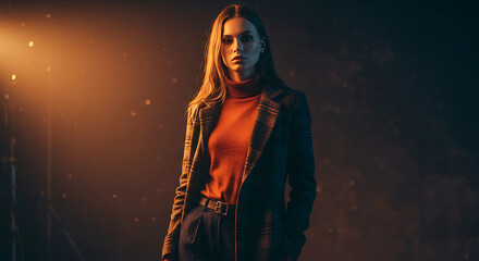 Fototapeta premium Woman in coat and turtleneck in dramatic lighting pose