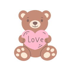 Teddy Bear Holds Heart in Paws. Cute Childish Brown Soft Toy with love romantic symbol. Gift for beloved Kids Child Children. Hand drawn flat vector illustration