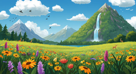 Fototapeta premium Landscape with mountains waterfall meadow and wildlife