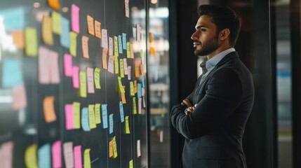 Young indian latin executive manager businessman ceo writing his strategy ideas on sticky notes on whiteboard managing professional organization business plan project presentation in corporate office