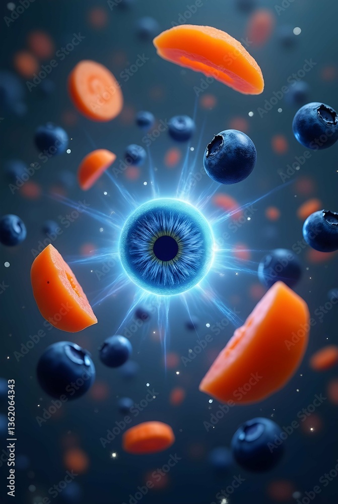 Poster Surreal glowing eye surrounded by blueberries and carrot slices, creating a vibrant and abstract composition