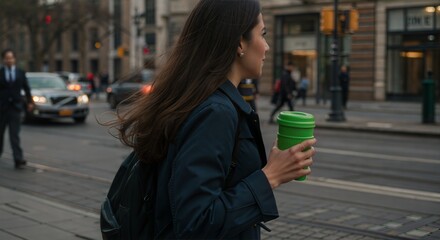 Fototapeta premium Woman Walking with Coffee Cup in Urban Setting 