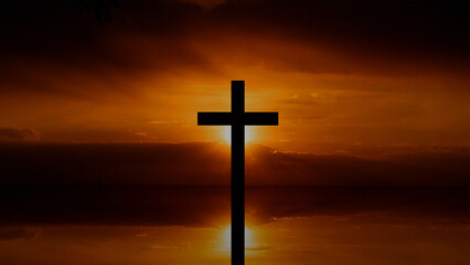 3D model of a cross in the dark against the backdrop of a sunset in Ukraine, faith and religion in God, crucifixion, mourning
