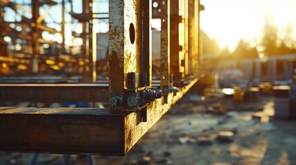 Fototapeta premium Golden Hour Construction Detail Rusty Metal Frame at Sunset