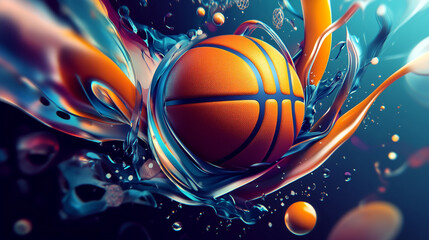 A dynamic basketball illustration with fluid motion and vibrant colors in a modern design style