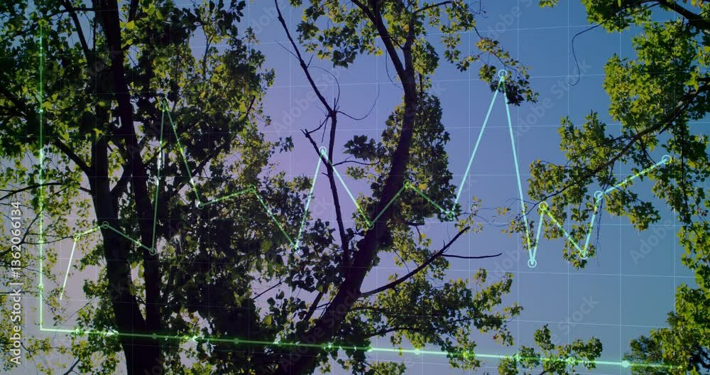 Poster Tree branches with green leaves overlaid with fluctuating line graph animation