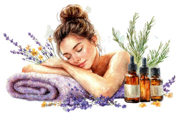 A serene woman relaxes on a rolled towel, surrounded by lavender and essential oil bottles, embodying tranquility and self-care.