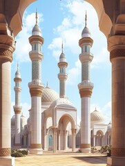 Imposing mosque, towering minarets, call to prayer fills the air with the hauntingly beautiful sound of the adhan, calling the faithful to worship