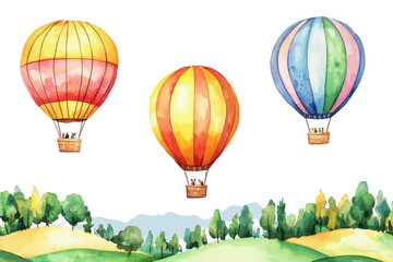 Obraz premium Colorful hot air balloons float above lush green hills, creating a whimsical scene against a dark background.