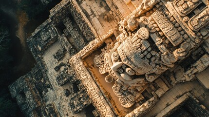 Aerial Perspective of Ancient Mayan Temple Showcasing Complex Architectural Details