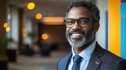 Confident businessman smiles warmly in modern office setting with soft lighting during workday