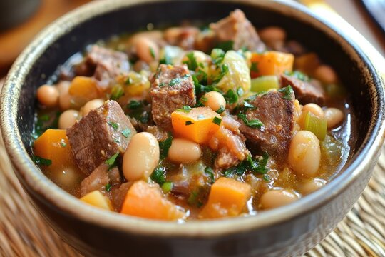 A bowl of olla podrida with a rich meat and bean stew