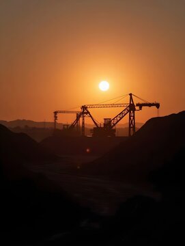 Machinery Works at Sunset in a Coal Mining Site Creating Dark Silhouettes.