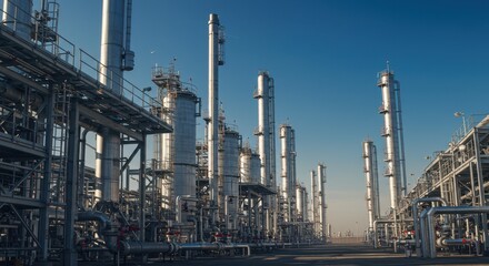 Massive industrial oil refinery with tall metal structures under clear blue sky