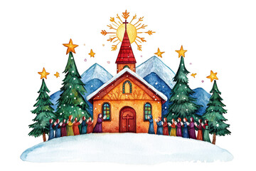 Obraz premium A colorful illustration of a charming house with a steeple, surrounded by trees and mountains, adorned with stars and a glowing sun.