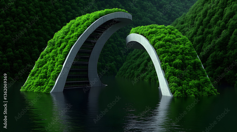 Poster a futuristic structure resembling arches covered in lush greenery, set amidst tranquil waters and mo