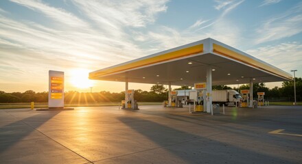 A Shell gas station in the golden hour during a beautiful sunset