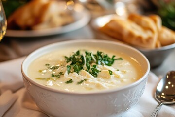 A creamy bowl of egg drop soup with wispy egg strands