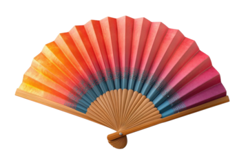A Vibrant Hand Fan, A Sunset Captured In Paper, Its Warm Hues Transitioning From Fiery Orange To Deep Plum, Promising A Cool Breeze On A Hot Summers Day With A Simple Wooden Frame Isolated on Transpar