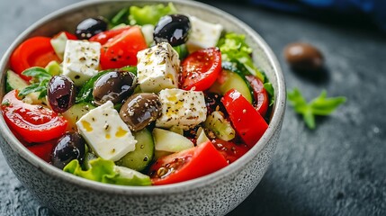 A fresh Greek salad in a bowl with feta and olives