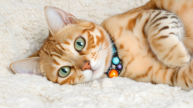 A relaxed Bengal cat with striking green eyes lies on a soft, fluffy surface, showcasing its distinct orange and black striped fur and colorful collar