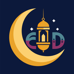 A vector-style Eid illustration featuring a crescent moon, lanterns, and Islamic calligraphy.