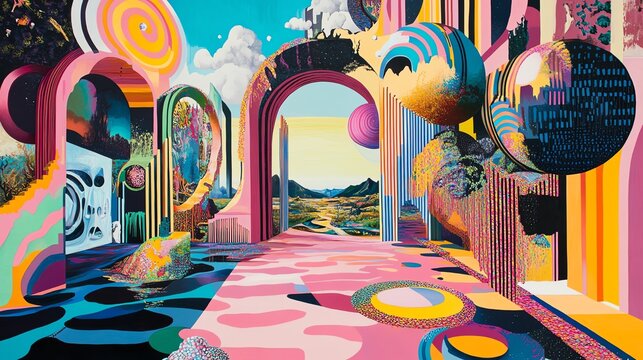 Surreal landscape painting. Vibrant colors, abstract shapes, and architectural elements create a dreamy, imaginative world. Perfect for fantasy, psychedelic, or art deco themes.