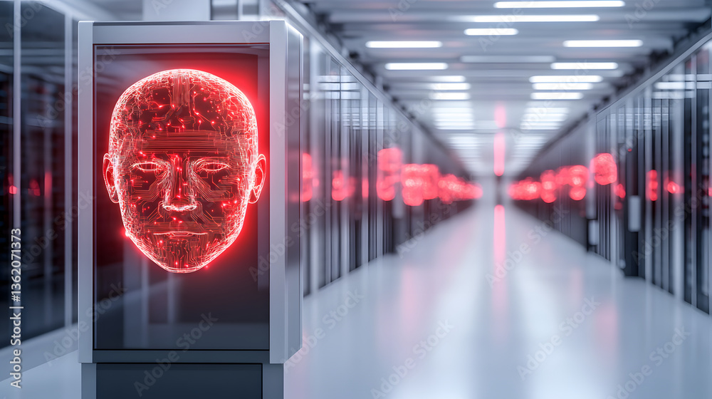 Poster A futuristic corridor featuring illuminated red digital facial displays, creating a high-tech and eerie atmosphere