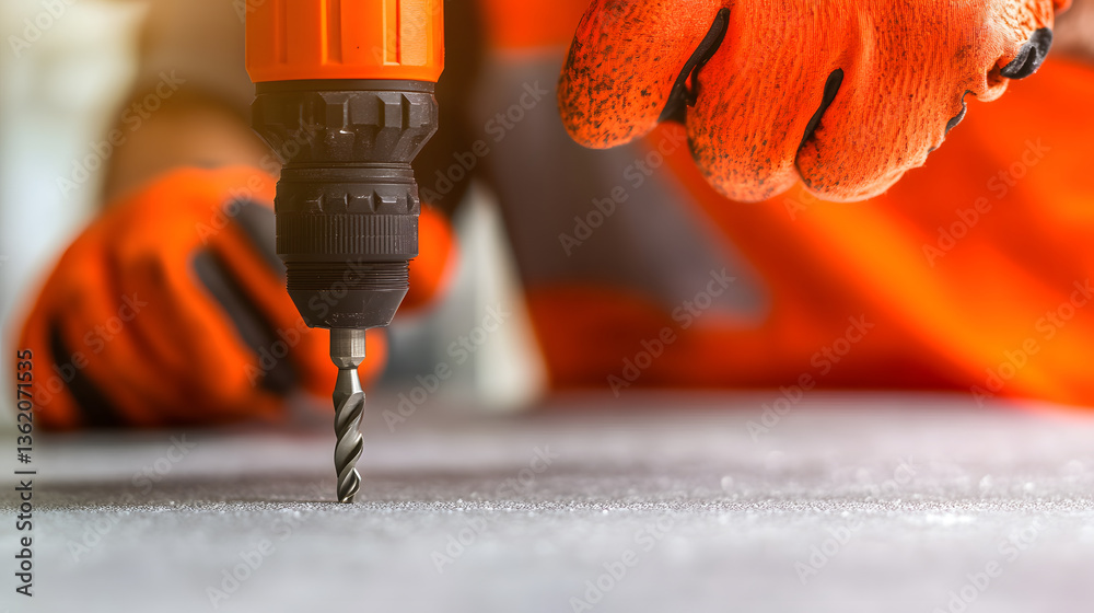 Poster a close-up of a worker's hands using a drill on a surface, showcasing safety gear and a focus on cra