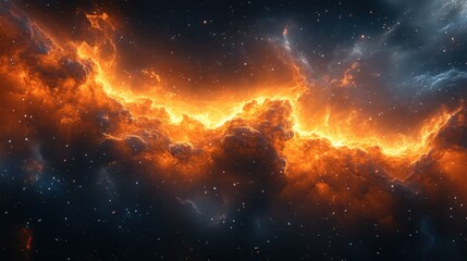 A fiery nebula brightly illuminates the vast expanse of space