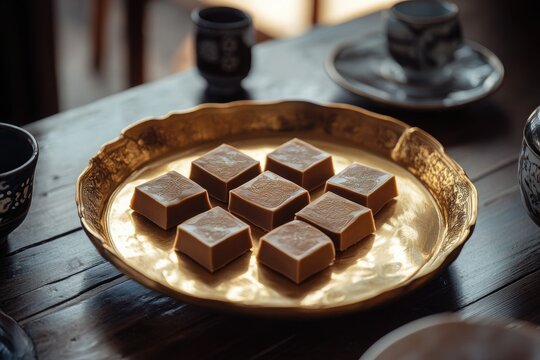 A golden tray of kintsuba with sweet bean squares