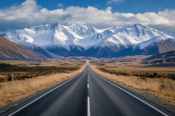 A long straight road leading to snow capped mountains under a blue sky with white fluffy clouds above