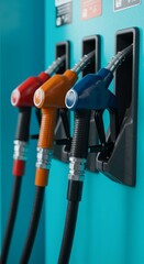 Three Colorful Fuel Pumps Displayed at a Gas Station