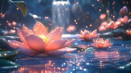 Magical Glowing Lotus Flowers in Calm Water