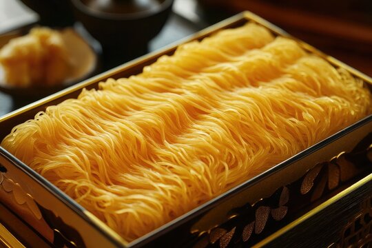 A golden tray of sachima with soft, sugary strands