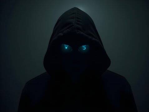 Ghost hacker criminal scary hood anonymous creepy devil danger silhouette shadow black face fear horror night character symbol identity hooligan unknow happy halloween cyber copy space .
