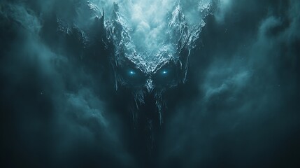 Glowing eyes of a monstrous entity emerge from a dark, stormy sky.