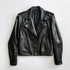 Stylish Black Leather Motorcycle Jacket Hanging on White Background for Fashion