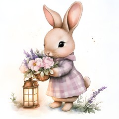 Obraz premium Vintage bunny holding a lantern filled with pastel flowers