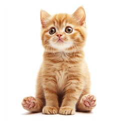 Cute Ginger Kitten Sitting and Looking Up on White Background Adorable