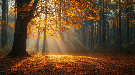 Fototapeta premium Autumn Forest Sunbeams, Golden Leaves - Golden Hour Photography