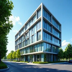 Modern office building under blue sky with green trees and calm atmosphere, skyscraper, calm, serene