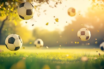 Soccer Balls Flying in Autumn Sunlight Park