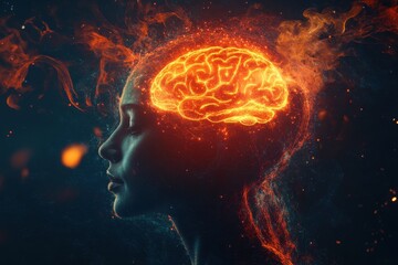 A glowing brain inside a person's head with fiery aura representing mental energy and cognitive function