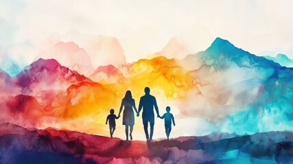 Watercolor painting of family silhouette walking together, abstract background illustration