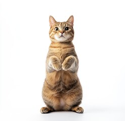 Standing Tabby Cat Looking Upwards on White Background in Studio Shot